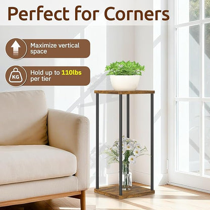 2 Tier Plant Stand Indoor, Oppro 28In Tall Corner Vertical Wood Metal Shelf, Square Modern Black Large Planter Table Heavy Duty Flower Pot Holder Rack for Narrow House Living Room Floor Orchid, Rustic