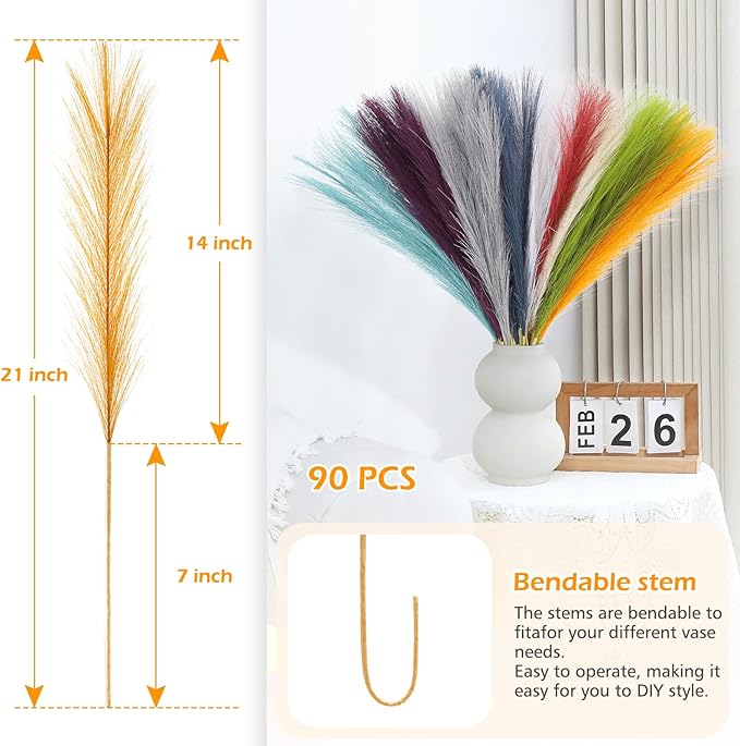 Artificial Pampas Grass Stems 21.7 Inch, 90 Pcs Rainbow Set