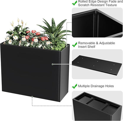 Tall Metal Planter Box for Outdoor Plants 36"L x 12"W x 26"H, Heavy Duty Steel Large Rectangular Planter Box with Removable Insert Shelf, Modern Décor for Tall Plants, Trees, Flowers (Black)