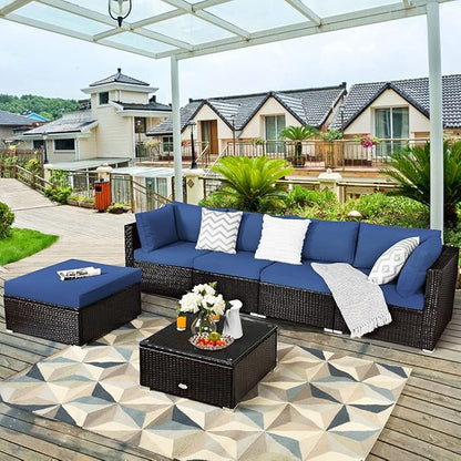 Tangkula 6 Piece Patio Furniture Set, Outdoor Deck Lawn Backyard Durable Steel Frame PE Rattan Wicker Sectional Sofa Set, Conversation Set with Coffee Table (Navy)