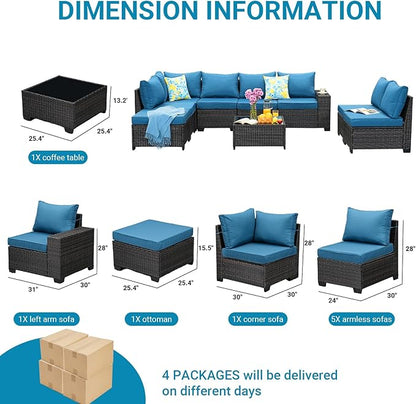 Jing's Villa 9-Piece Patio Furniture Set, All-Weather Outdoor Wicker Sectional Sofa with Cushions, Tempered Glass Table & Ottoman, Rattan Conversation Seating for Porch, Garden, Backyard,Peacock Blue
