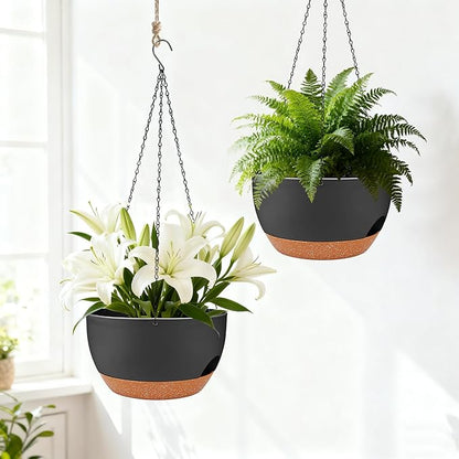 Set of 4-8 Inch Self Watering Hanging Planters for Indoor Outdoor，Hanging Plant Pots with Drainage & Removable Tray, Hanging Pots Holder for Ivy, Pothos, Ferns, Balcony & Patio, Black Brown
