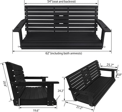 Poly Lumber 3-Seat Porch Swing, HIPS 5-Feet Bench Swing with Foldable Cup Holders,18/8 Stainless Steel Hardware, High Backrest and Deep Contoured Seat, Carbon Black