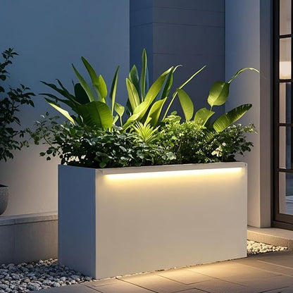 GSK 30" L White LED Metal Planter with Light Outdoor Illuminate Magnetic 3000K Lighting Strips Rectangular Flower Box Rectangle Trough Drainage Holes Indoor Patio Balcony Garden
