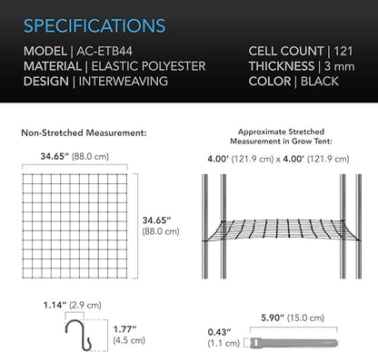 AC Infinity Grow Tent Trellis Netting 4x4', Heavy-Duty Elastic Plant Net with Steel Hooks, Flexible Hydroponics Support for Grow Tents, Gardening, and Horticulture