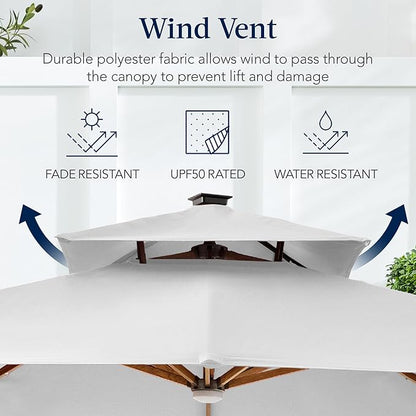 Best Choice Products 10ft Square Cantilever Patio Umbrella w/Base Included, Woodgrain Pattern Pole & Solar LED Lights, 360-Rotation, Offset Hanging Outdoor Shade - Fog Gray