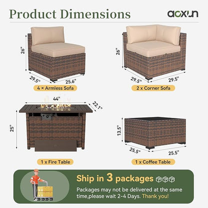 Aoxun 8 Piece Patio Furniture Set with 44” Fire Pit Table Wicker Rattan Outdoor Sectional Sofa Set with Coffee Table and Thickened Cushions, Beige (Waterproof Cover Included)