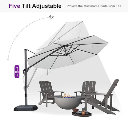 PURPLE LEAF 11 Feet Patio Umbrella with Base Outdoor Cantilever Round Umbrella Aluminum Offset Umbrella with 360-degree Rotation for Garden Deck Pool Patio Light White