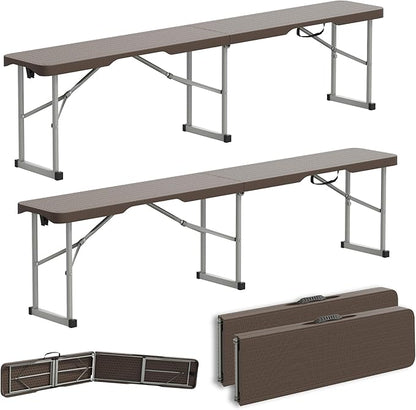 6ft Plastic Folding Bench with Carrying Handle & Lock, Portable Outdoor Bench in Garden Picnic Camping Dining Party Seat, Waterproof Bench for Soccer Activities, Ratten Patterned(2 Pack)