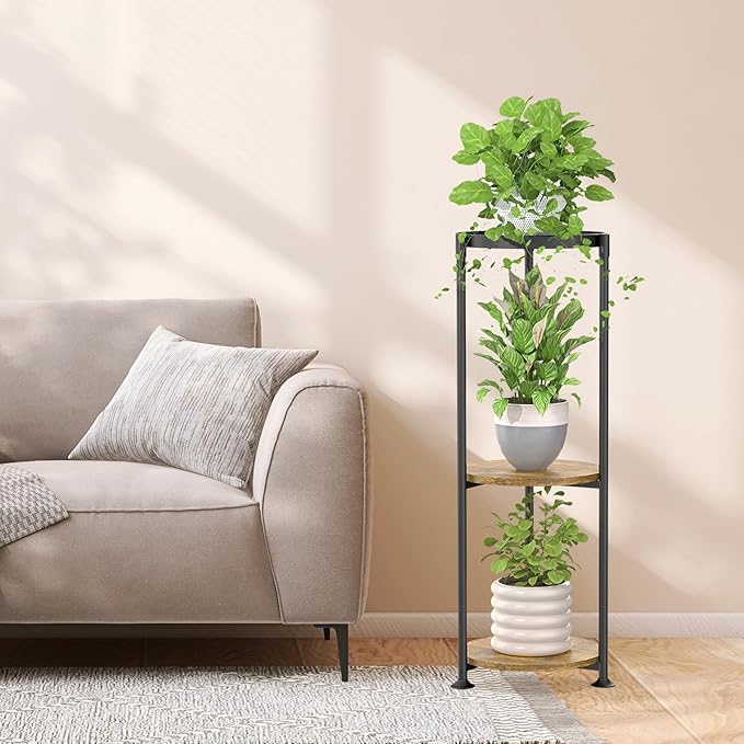 iDavosic.ly 3 Tier Corner Plant Stand Indoor, 34 Inch Tall Vertical Metal Flower Heavy Duty Pot Holder Shelf Outdoor for Patio Porch Living Room, Modern Black & Rustic Brown - Round