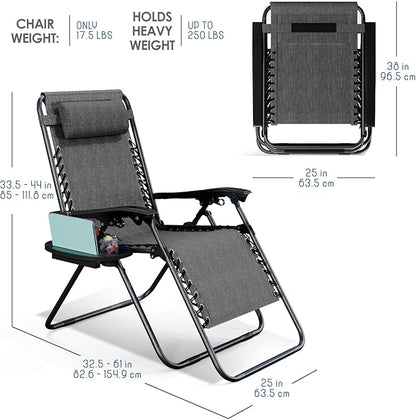 Nestl Zero Gravity Chairs Set of 2, Patio Lounge Chair Outdoor with Pillows & Cup Holder Trays, Adjustable Steel Mesh Reclining Camping Chair, Folding Patio Lawn Chair for Deck, Beach, Yard - Grey