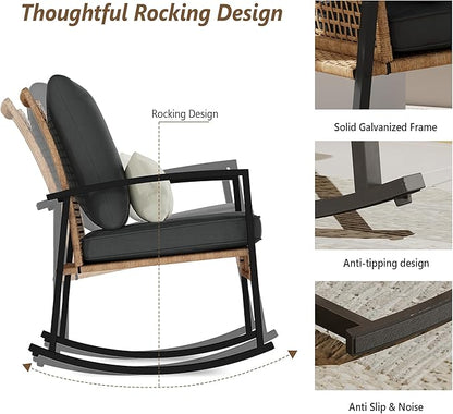 Bistro Set, 3-Piece Patio Rocker Set with Gray Cushions and Glass Table Top