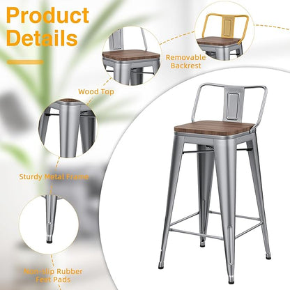 Yongchuang 24 inch Barstools Set of 4 Counter Height Bar Stools Farmhouse Kitchen Metal Bar Chairs with Wood Seat Low Back Silver