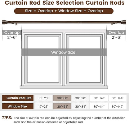 2 PACK 1” Diameter brown curtain rod Itself is 30 to 60 inch. 1 Pack Fits 30-54 inch Windows with Heavy Duty Adjustable brown curtain rods Splicing Metal Extra Long Curtain Rod