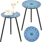 2 Packs Metal Mosaic Round Side Tables 13.4" Small Outdoor Patio Round Accent Coffee Tables Indoor Corner Stand for Small Spaces Weather-Resistant for Balcony, Porch Plant Stands Indoor, Blue Mosaic