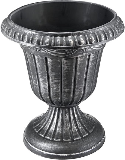Arcadia Garden Products PL00SL Classic Traditional Plastic Urn Planter, Indoor/Outdoor Garden Plant Pot Garden Décor, 16” x 18”, Brushed Silver