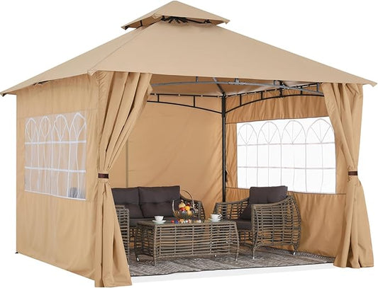 MASTERCANOPY Patio Gazebo Steel Frame Outdoor Gazebo with Windows Curtains (11x11,Beige)