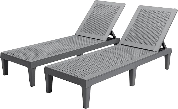 Greesum Outdoor Chaise Lounge Chairs Set of 2 with 5-Position Adjustable Backrest, Waterproof PP Sun Chaise Loungers for Garden Pool Beach Patio Deck Sunbathing, Grey