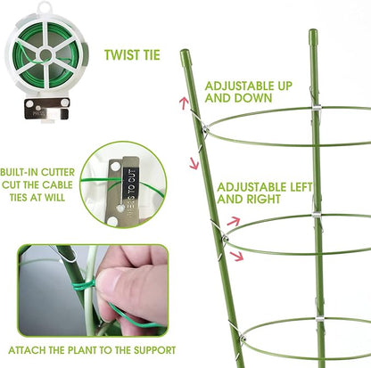 Kgozwon 4 Pack Tomato Cage Plant Support Cages for Garden, 18 inches Trellis for Climbing Plants, Upgrade Garden Plant Stakes with Adjustable Ring, Tomato Rings for Support, with Twist Tie