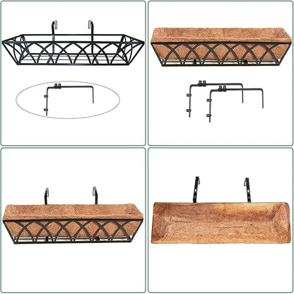 HFHOME 4 Pcs 30" Window Box Deck Railing Planter with Horse Trough Coco Liners, Black Metal Hanging Flower Planters Baskets for Indoor, Outdoor, Balcony, Porch, Fence, Patio, and Lawn