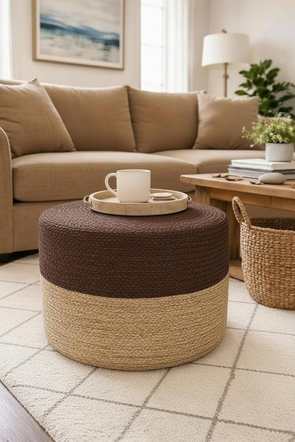 S & L Homes Pouf Ottoman - 100% Jute Braided Footrest Pouf Hand Knitted Traditional Cord Boho Pouffe for Living Room, Bedroom, Nursery, Patio, Lounge Colorblock - Natural Brown (18”x18”x12”)