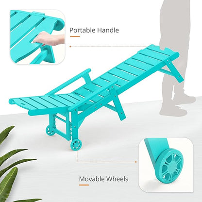 LUE BONA Outdoor Chaise Lounge Chairs Set of 4, 79'' Oversized HDPS Chaise Lounger, 5 Positions Adjustable Lounge Chairs, Pool Lounge Chair with Wheels for Poolside, 3 Year Warranty, Aruba Blue