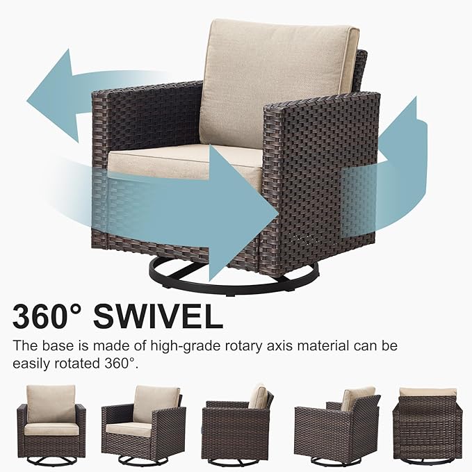 Belord Outdoor Sectional Sofa with 41" Propane Fire Pit Table - 9 Piece Patio Conversation Set with Storage Box and Swivel Rocker Chairs All-Weather PE Wicker Furniture Set Brown
