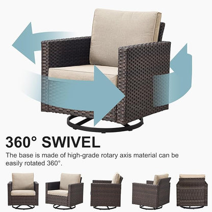 Belord Wicker Patio Furniture 5 Piece Outdoor Sofa Set, Oversize Outdoor Swivel Rocker Chairs with Rattan Ottomans, Conversation Sets Patio Furniture Come with Removable Cushion Beige, Anti-Rust Frame