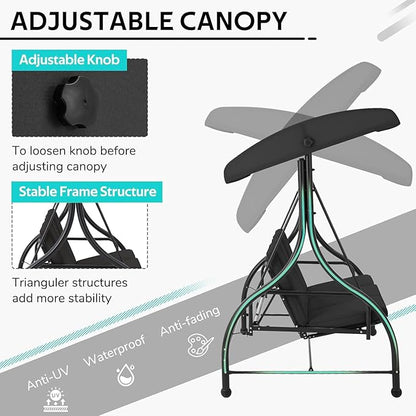 U-MAX Porch Swing with Cover, Patio Swing with Adjustable Backrest&Canopy 3 Seat Outdoor Swing with Canopy 2-in-1 Convertible Patio Daybed with Removable Black Cushions