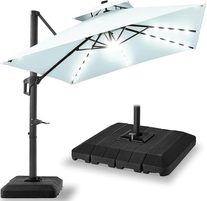 Best Choice Products 10x10ft Cantilever Patio Umbrella w/Base Included, Solar LED Lights 360 Rotation Large Offset Hanging Outdoor Shade for Deck Pool Backyard w/Stand – Baby Blue