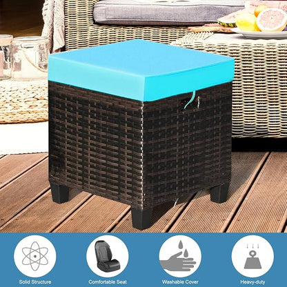 Tangkula 2 Pieces Outdoor Patio Ottoman, All Weather Rattan Wicker Ottoman Seat, Patio Rattan Furniture, Outdoor Footstool Footrest Seat w/Removable Cushions