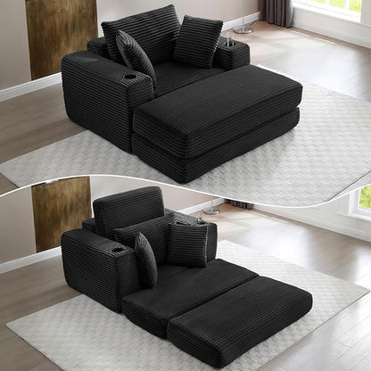 HANXIN 62" Chaise Lounge Chair Indoor, Oversized Corduroy Boneless Convertible Chaise Lounge Couch Sleeper Chair with Ottoman, Deep Seat Reading Chair, No Assembly Required (Black)
