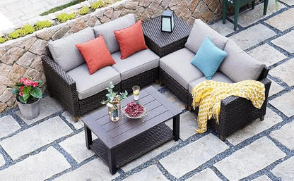 Grand patio Outdoor Coffee Table with Wicker Shelf Storage, 40-inch Rectangle Modern Patio Coffee Table with Faux Wood Tabletop, Fits with Outdoor Conversation Set