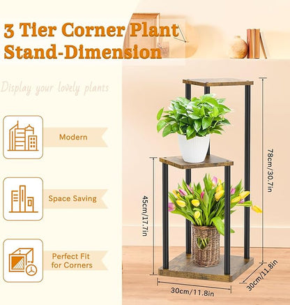 3 Tier Corner Plant Stand Indoor, Metal Wood Flower Pot Holder Shelf, Multiple Display Rack Square Table for Living Room Bedroom Orchid Outdoor Balcony Garden Patio, Modern Black & Rustic Brown