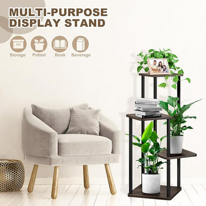 4 Tier Plant Stand Indoor, Thickened Metal Wood Corner Plant Shelf Stands for Multiple Plants, Indoor Tall Plants Stand Tiered Flower Holder for Living Room Patio Garden Balcony(Black+Oak)