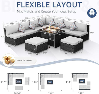 NICESOUL 10 Piece Modern Outdoor Patio Furniture Set with Firepit Natural Gas Propane Convertible, 29.3'' High Back Extra Large Size Wicker Conversation, Deep Wide Comfortable Couch for Outside, Grey