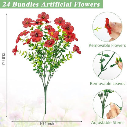 Bassion Artificial Flowers for Outdoors, 24 Bundles UV Resistant Fake Flowers Realistic Silk Faux Plants for Outdoor Planter Window Box Porch Patio Garden Home Outside Decorations