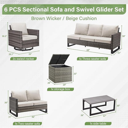 Belord Family Reunion Patio Conversation Set - 6 Piece Outdoor Sectional Furniture Set with Storage Box and Wicker Swivel Glider Chair Set of 2,Removable Beige Cushions for Deck Backyard Sunroom