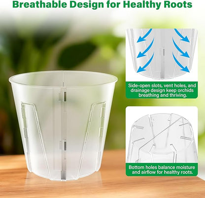 5 Inch Side-Open Orchid Pots 6 Pack, Clear Plastic Nursery Planters with Detachable Side Walls for Easy Repotting, Breathable Slotted Flower Pots with Drainage for Root Health