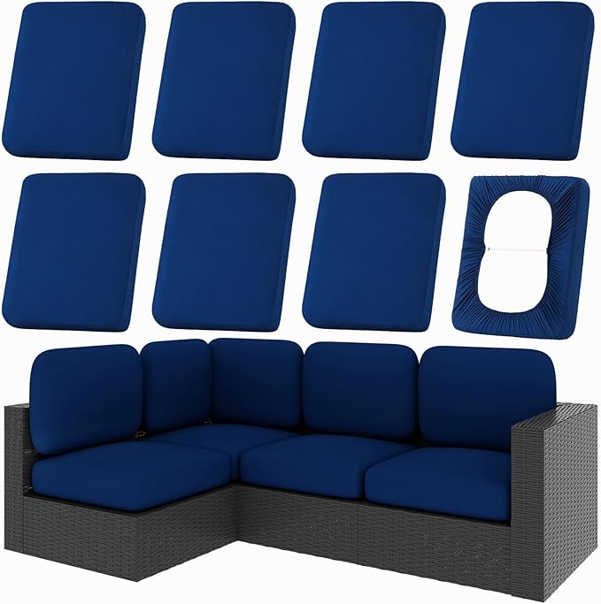 Cushion Covers, 8-Piece Navy Stretch Set with Non-Slip Straps