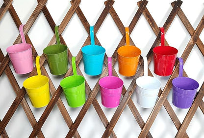 10 Pcs Fence Planters, 4" Metal Hanging Pots Plant Holder with Detachable Hook & Drainage, Railing Planter Flower Pot for Indoor Outdoor Balcony Patio Garden