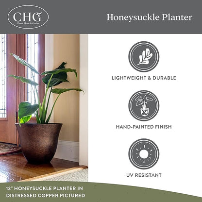 Classic Home and Garden Honeysuckle Resin Planters - Lightweight Indoor & Outdoor Plant Pots - UV-Resistant Plastic Flower Pots - Pot Planters for Flowers & Herbs (15" Distressed Copper)