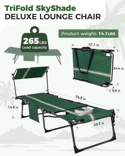 KingCamp Tanning Chair with Face Hole, Lounge Chairs Outdoor Folding Comfy Adjustable 5-Position Foldable Chaise Chaser with Canopy Shade for Outside Beach Patio Sun Bathing Pool, Green/White