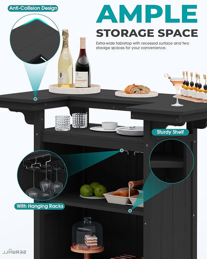 SERWALL Outdoor Bar Table Set (1 Table with 2 Chairs) – HDPE Black Patio Bar Cabinet with 4-Tier Storage & Spacious Tabletop, Perfect for Outdoor, Poolside, Backyard