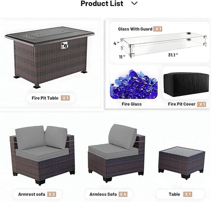 Kullavik 8 Pieces Outdoor Patio Furniture Set with 43" 55000BTU Gas Propane Fire Pit Table PE Wicker Rattan Sectional Sofa Patio Conversation Sets,Grey