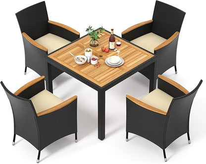 Tangkula 5 Pieces Rattan Outdoor Dining Set for 4, Outdoor Acacia Wood Table Set with 4 Cushioned Wicker Chairs, Umbrella Hole, Patio Dining Furniture Set for Deck Pool Backyard