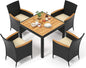 Tangkula 5 Pieces Rattan Outdoor Dining Set for 4, Outdoor Acacia Wood Table Set with 4 Cushioned Wicker Chairs, Umbrella Hole, Patio Dining Furniture Set for Deck Pool Backyard