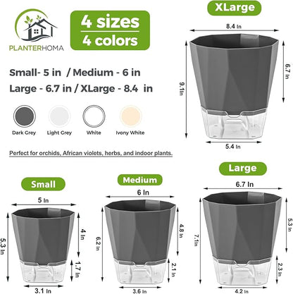 6 Pack Self Watering Pots for Indoor Plants, 5 Inches Self Watering Planters African Violet Self Watering Clear Pots for Plants Herb Orchid Flower Houseplant, Dark Grey