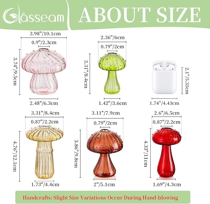 Planter Vase, Borosilicate Glass Mushroom Terrarium, Assorted Colors