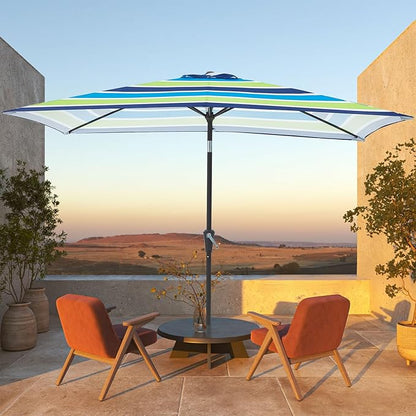 JEAREY 6.5x10 ft Rectangular Patio Umbrellas Rectangle Outdoor Umbrella with Push Button Tilt and Crank, Market Table Umbrella 6 Sturdy Ribs UV Protection for Poolside Garden Backyard Deck, Blue-Green Stripe